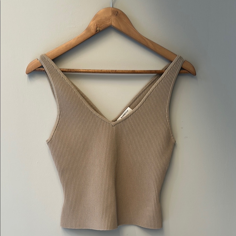 Babaton Tan Rib-Knit Deep-V Fitted Tank Top